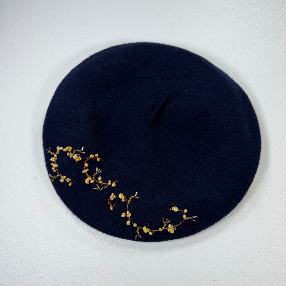Wool Beret Women OS Navy Blue Excellent Embroidered Beaded Floral